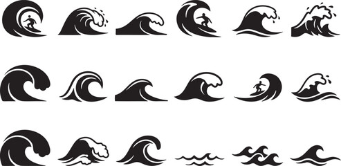 Fototapeta premium Set of Minimalist Surfing Wave Silhouettes and Ocean Elements.