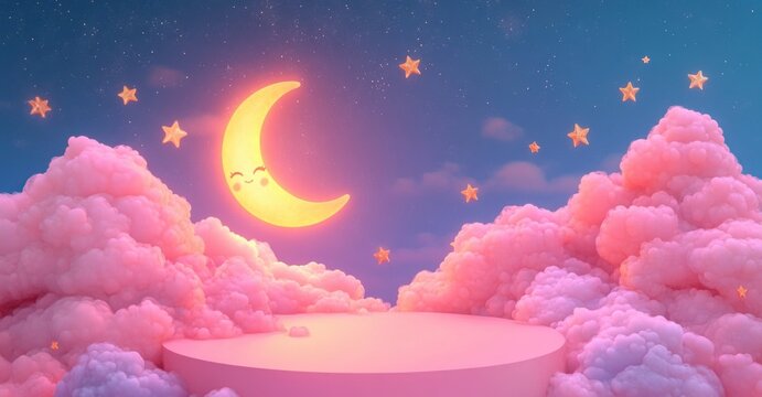 Smiling crescent moon glowing above a circular pink platform surrounded by fluffy pink clouds and twinkling stars, a dreamy calm and whimsical pastel night scene