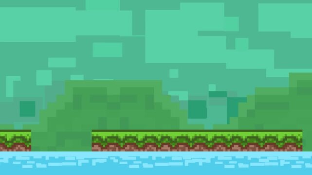 Pixel art animation of a scene with Platforms and flowing water, art, vintage, pixel, 2D.