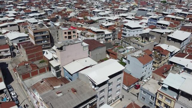 Aerial View of Dense Urban Housing and Irregular City Development, Crowded Residential Neighborhood, Suburban Expansion and Urbanization Concept