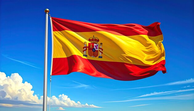 Spain flag waving against blue sky