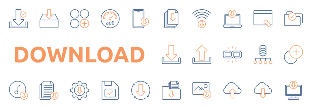 download icon set color outline style with file,  folder check, upload, link, database network icons
