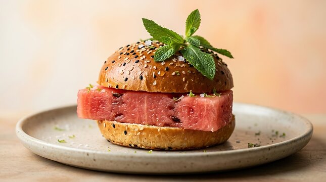 Burger Unik Semangka Segar Disajikan di Piring dengan Taburan Biji Wijen dan Daun Mint