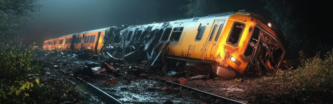 derailed yellow passenger train wreck at night in misty forest with twisted carriages and scattered debris, eerie somber atmosphere