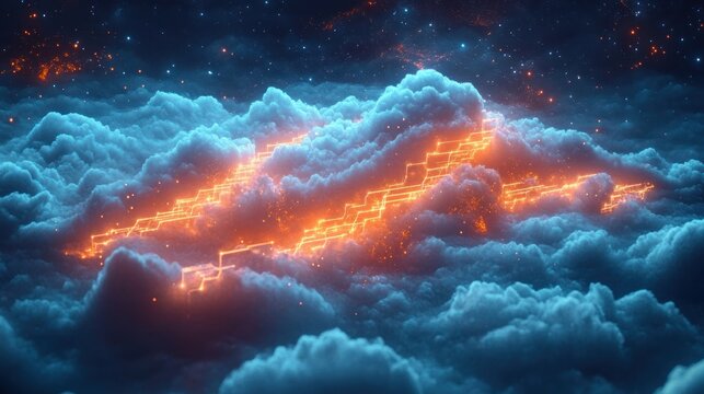 surreal glowing orange circuit lines threading through soft blue clouds under a starry sky, evoking dreamy futuristic wonder