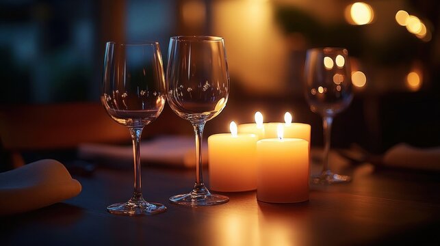 Two empty wine glasses beside three glowing pillar candles on a wooden table, warm soft bokeh lights creating a cozy romantic intimate dinner ambiance
