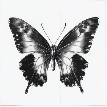 monochrome detailed illustration of a symmetrical butterfly with outstretched wings and delicate antennae on a plain white background with faint guide lines, conveying calm elegance