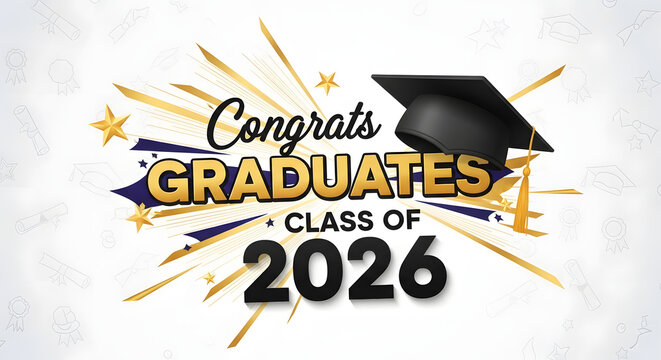 Congrats Graduates Class of 2026 Celebration Banner with Mortarboard and Stars