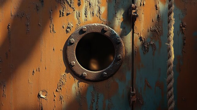 weathered rusted porthole with bolted flange in a peeling orange and teal metal door, frayed rope and hinge bathed in warm dramatic light evoking age and solitude