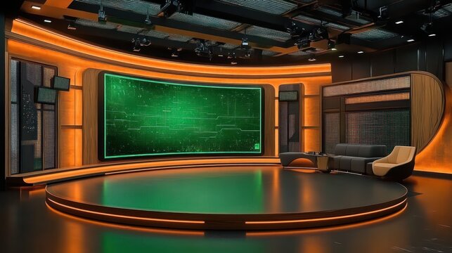 Futuristic broadcast studio set with circular stage, large green digital display showing circuit pattern, curved wood panels, warm orange backlighting, sofa, armchair and overhead lighting rig