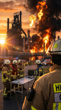 Firefighters battling a massive chemical fire at a gigafactory with towering flames and smoke, set against a dramatic sunset sky