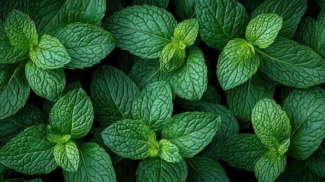 dense cluster of fresh green mint leaves with textured veins and overlapping pattern conveying a vibrant, refreshing calm