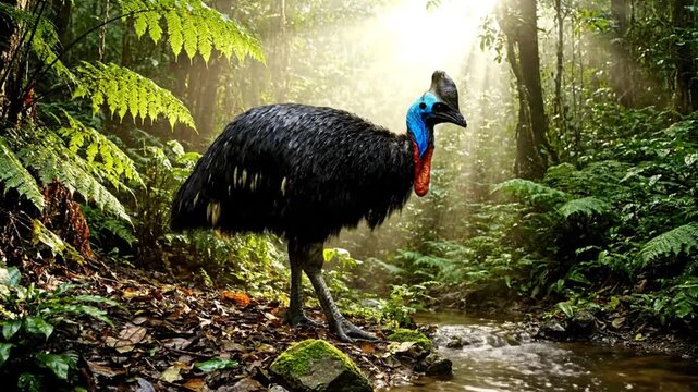 magnificent cassowary bird standing near flowing stream in lush, vibrant rainforest with dappled sunlight streaming through the trees