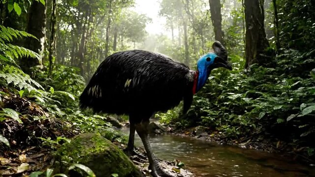 Magnificent Cassowary Bird Wades Through a Tranquil Stream in a Lush Green Rainforest Environment