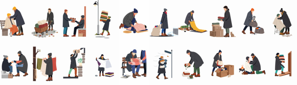 A collection of flat vector illustrations depicting volunteers and people helping the homeless by donating blankets and warm clothes during the winter season.