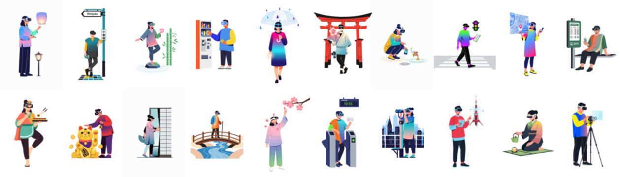 A collection of illustrations showing people experiencing various Japanese cultural and modern scenes using virtual and augmented reality technology.