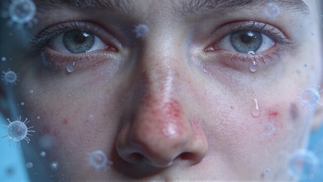 Woman suffering from allergic reaction with red nose and watery eye. Pollen grains floating around in air as allergen causing hay fever. Medical health concept of chronic seasonal allergy.