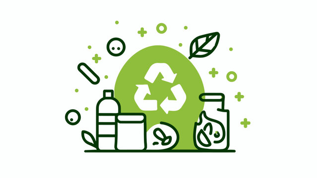 Eco-conscious recycling and sustainable waste reduction concept with various biodegradable packaging containers and environmental protection symbol