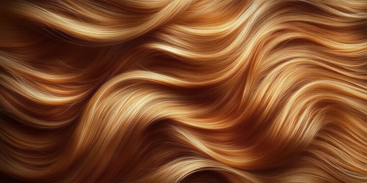Silky flowing golden auburn hair waves with glossy highlights, soft texture and warm luxurious movement