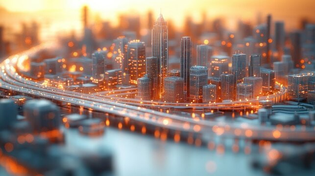 glowing modern city skyline with skyscrapers, curved elevated highway and waterfront at golden hour conveying a bustling warm vibrant miniature-like scene