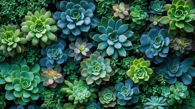 close-up of assorted rosette succulents in varying green and blue tones creating a calming, lush, tranquil pattern