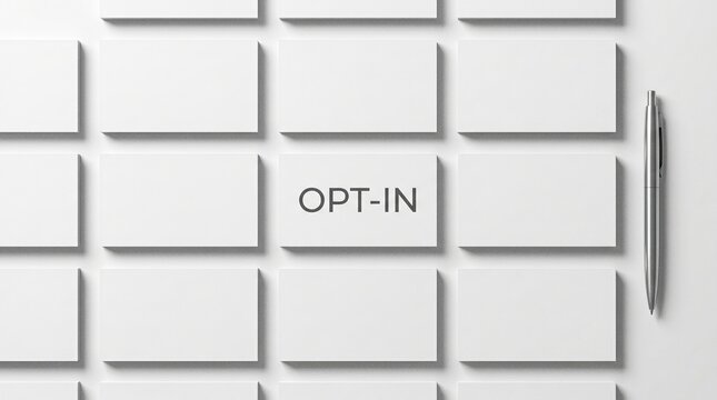 White keyboard with one key labeled "OPT-IN" and a pen on the side