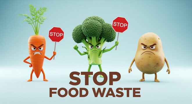 Angry anthropomorphic vegetables holding stop signs against food waste
