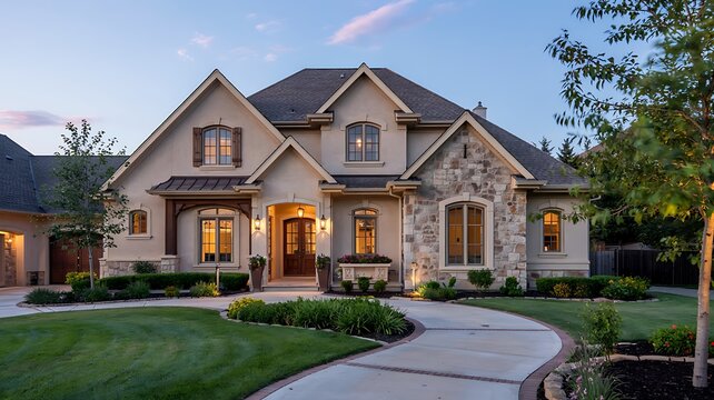Luxury house exterior with stone facade and green lawn