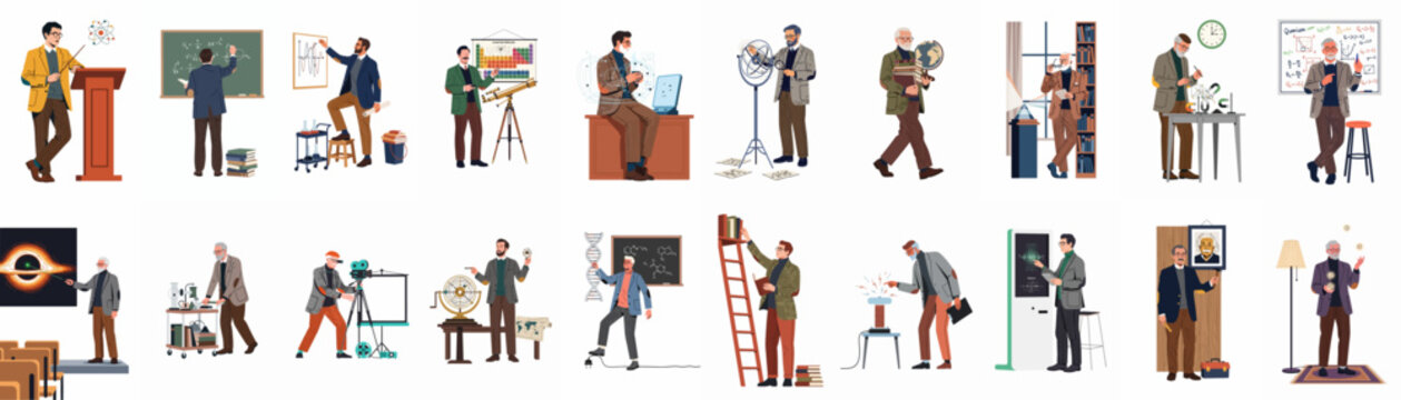 Diverse set of illustrations featuring male professors and scientists in various academic and scientific settings, lecturing, conducting research, and teaching diverse subjects.