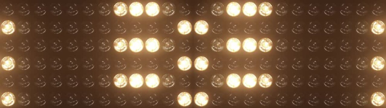 Widescreen flashing lights with bright warm lamps pulsing in patterns, perfect for music videos, club events, and show intros, concert visuals and dynamic stage backgrounds	

