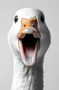Close-up of a white goose with bright orange beak and wide open mouth, tongue visible, expressive surprised squawk against a plain light gray background