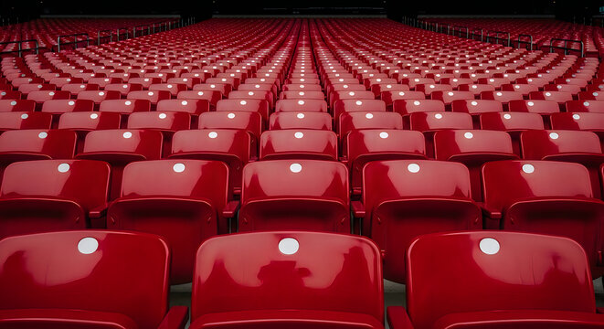 Rows of empty red stadium seats with cup holders in a darkened theater
