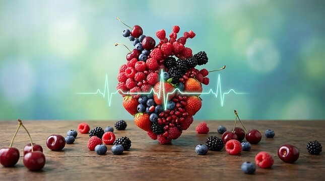 Jantung Sehat Penuh Buah Segar dengan Detak Jantung EKG, Inspirasi Gizi Seimbang