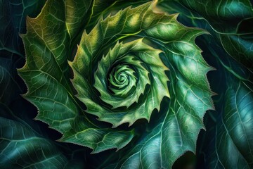 Obraz premium mesmerizing spiral of layered green leaves in close-up with detailed veining and serrated edges forming a natural geometric pattern, calming and hypnotic