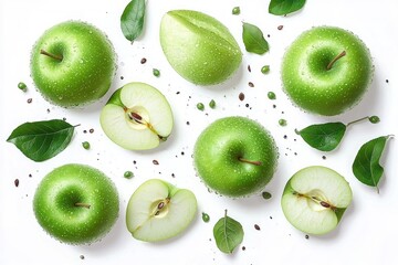 Fototapeta premium fresh green apples and sliced halves with water droplets, scattered leaves and seeds on a clean white background evoking crisp refreshing energy