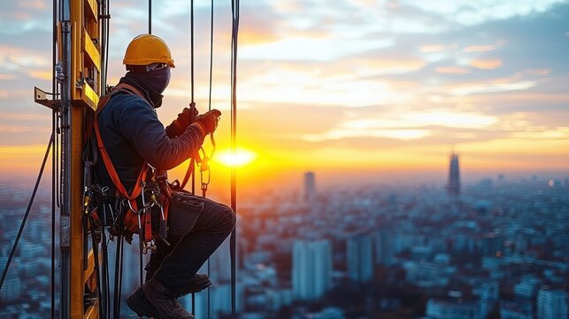 High-rise rope access worker in yellow helmet and safety harness suspended from a building, sitting on ropes and overlooking an urban skyline at sunset, focused and calm