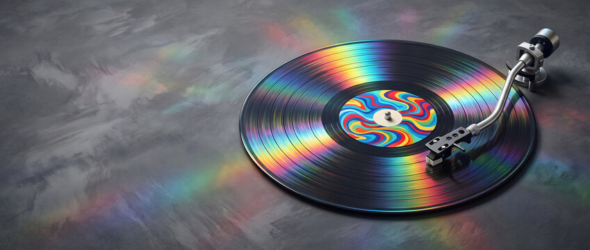 Vinyl record with rainbow light halo on turntable in close-up shot