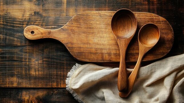 two wooden spoons resting on a rustic wooden cutting board atop a dark textured wood table with a soft linen cloth, warm cozy inviting still life