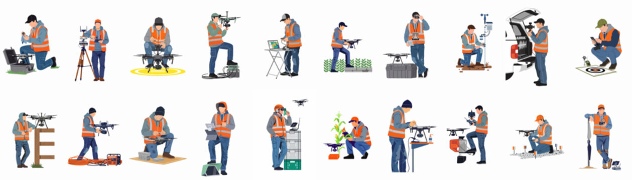 Flat vector illustrations of professional technicians and engineers operating, maintaining, and deploying industrial drones for survey, agriculture, and inspection tasks on white background.