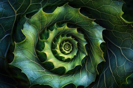 mesmerizing spiral of layered green leaves with serrated edges and visible veins, close-up natural rosette conveying calm and wonder