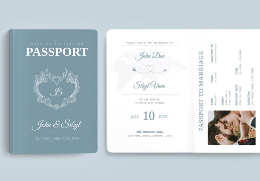 Teal Blue Destination Wedding Invitation Passport Template with Photo