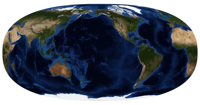 World Map in Hyperelliptical Projection. Animated longitude shift rotation. Detailed physical representation. June View. Elements of this video furnished by NASA.