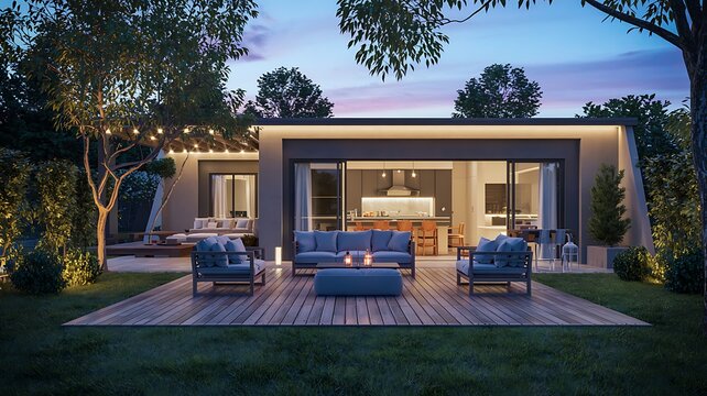 Modern house exterior with outdoor living space at dusk