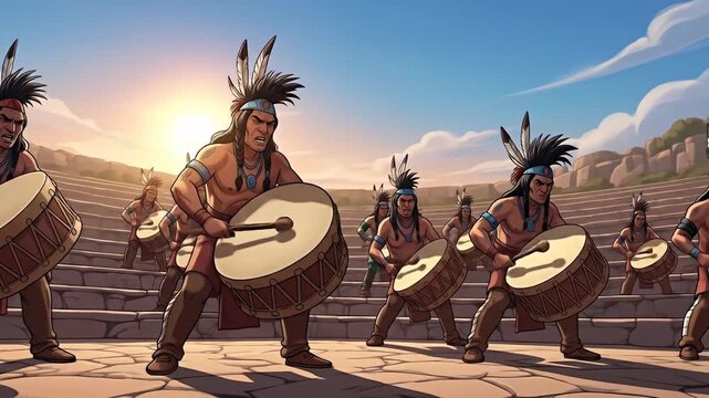 Native American drummers on steps against a blue sky and sunset light, cartoon style