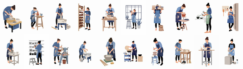 Fototapeta premium Flat vector illustrations of women potters performing various ceramic studio tasks, including throwing on a wheel, glazing, and organizing handmade pottery.