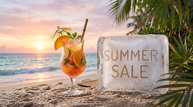 Minuman Dingin Segar dengan Hiasan Jeruk dan Es bertuliskan "Summer Sale" di Pantai Saat Matahari Terbenam