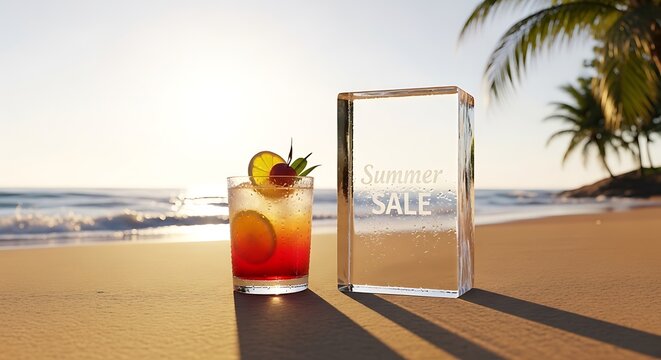 Minuman moktail segar di pantai berpasir dengan logo "Summer SALE" pada balok kaca jernih, suasana tropis cerah saat matahari terbenam.