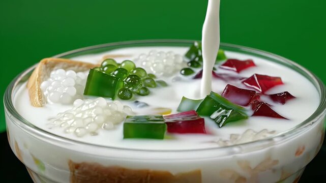 Shwe Yin Aye Dessert With Milk Being Poured Into A Clear Bowl Featuring Jelly Cubes Tapioca Pearls And Bread Slices On A Green Background