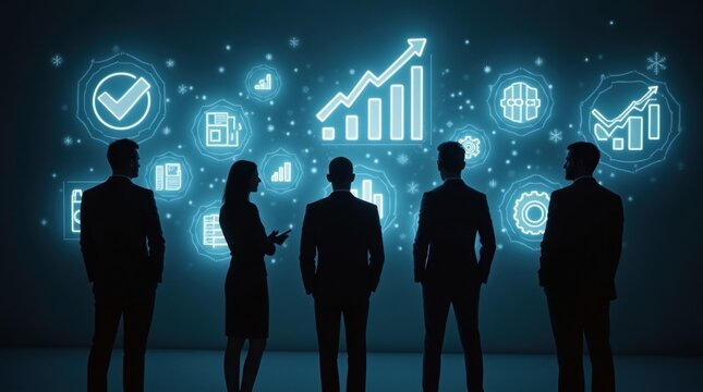 Ejecutivos de negocios se reunieron alrededor de una pared minimalista con formas de KPI brillantes e iconos de marcas de verificaci&oacute;n