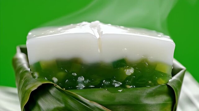 Steaming Kuih Tepung Pelita Malaysian Dessert Wrapped in Banana Leaf on Green Screen Background Detailed Macro Shot